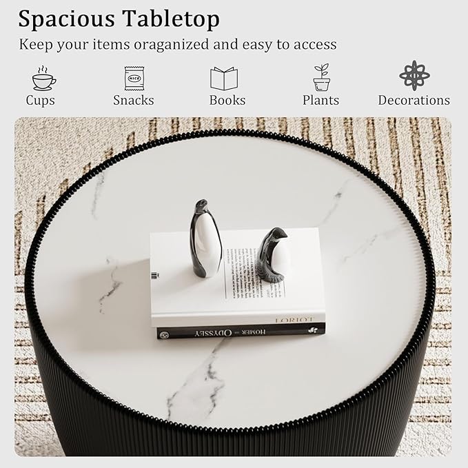 19.69" Black Round Coffee Table, Drum Coffee Table with Sintered Stone Tabletop and Fluted PU Leather Covered and Metal Base, Circle Cocktail Tea Table for Living Room