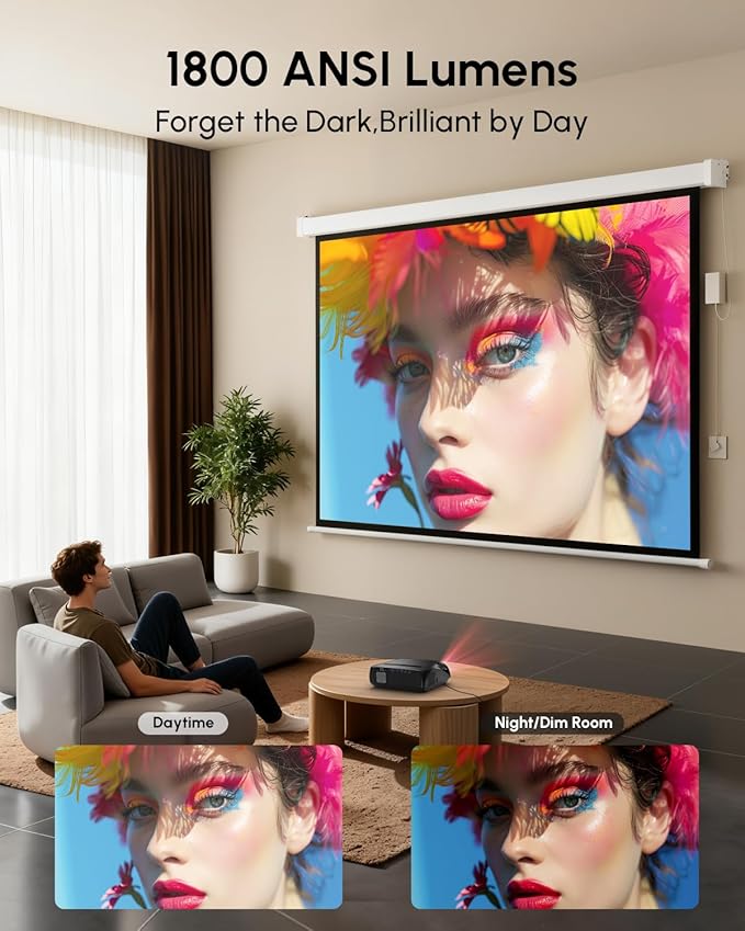 Ultra HD Projector 4K with WIFI6 and Bluetooth,1800ANSI Lumen High Brightness Daytime Proyector Smart Android TV HDR NFC Casting DSP Stereo HDMI 2.1 ARC for Home Theater Outdoor Movie Gaming Ceiling