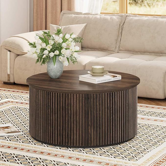 FATORRI Round Coffee Table, Fluted Woodern Center Table with Storage, Mid-Century Modern Cocktail Tables for Small Space, Living Room, Bedroom (31.5 Inch, Dark Walnut)