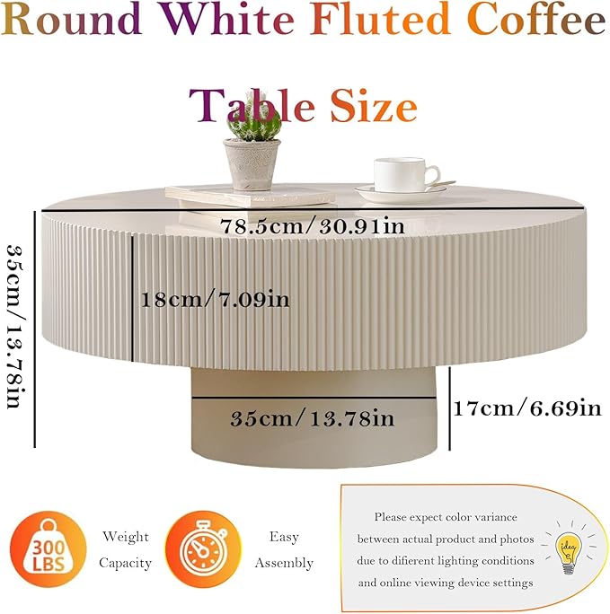 Round Drum Coffee Table, Modern Luxury Spacious Fluted Center Table for Small Space - Home Office Apartment (Lvory White)