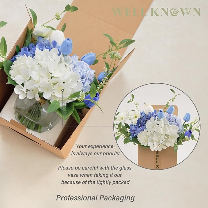 WELL KNOWN Artificial Flowers with Vase, Silk Hydrangea Bouquet and Peonies Artificial Flowers Table Centerpieces with Faux Water for Home Decor Fake Tulips Flower Arrangements for Table Decor (Blue)