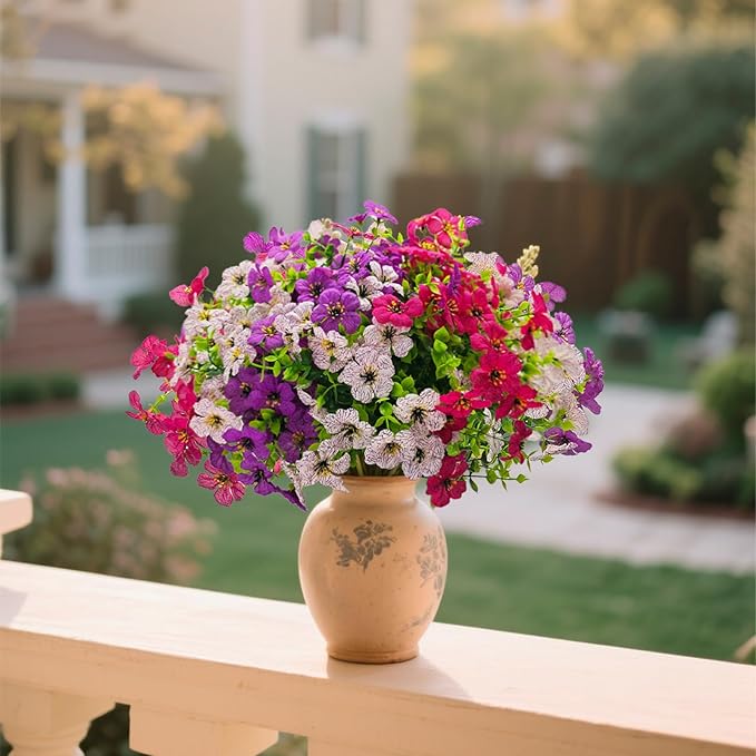 12 Bundles Daisy Artificial Flowers for Outdoors with Eucalyptus - UV Resistant Fake Flowers Outside for Hanging Basket Planter Window Box, Realistic Silk Faux Plants for Porch Garden Patio Home Decor