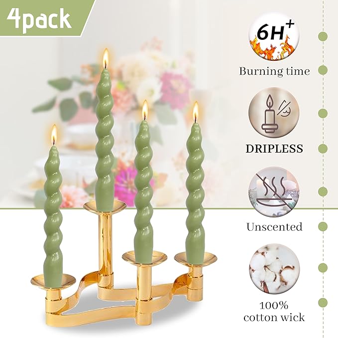Christmas Short Candles Hunter-Green Twisted Spiral Candles 7.5 Inch Unscented Candlesticks Smokeless Handmade Taper Candle 4 PCS for Dinner Decoration Holiday Gifts