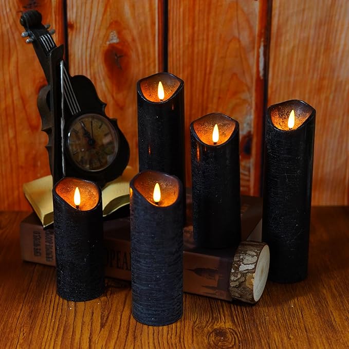 Flickering Flameless Candles with Remote Control and Timer Set of 5 Pc Real Wax LED Pillar Candles, Battery Operated Candles（D2.2×H5/5.5"/6"/7"/8"） Home Decor Flameless Candles（Black）