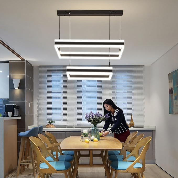 Modern LED Chandelier, Black Pendant Light for Kitchen Island, Adjustable 2 Ring Rectangle Ceiling Lighting Fixture, Dimmable Minimalist Over Table Hanging Light for Living Dining Room, Entryway