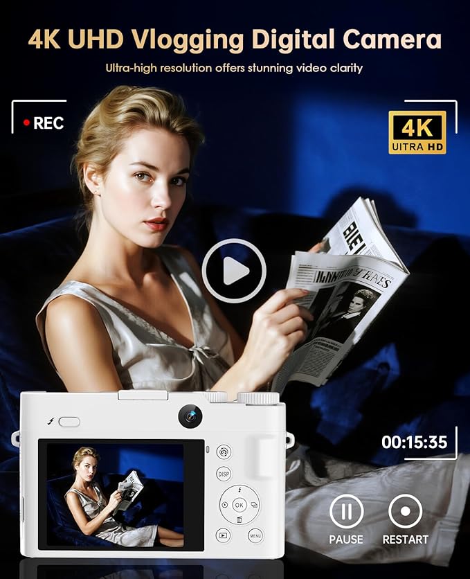 4K Digital Camera for Photography - 64MP Autofocus Vlogging Camera for YouTube with Dual-Lens - 16X Digital Zoom Anti Shake 3'' Selfie Compact Camera with Flash, 2 Batteries, Charging Stand-White