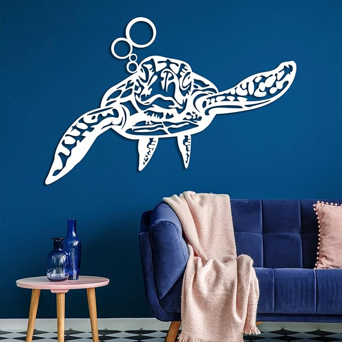 Metal Sea Turtle Wall Art, Metal Turtle Wall Decor, Coastal Wall Art, Nautical Wall Hanging, Turtles Outdoor Decor, Ocean Wall Sculpture, Beach Theme Decorations, Bathroom Art (Silver, 24"x16"/60x40cm)
