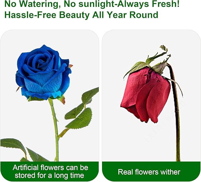 Artificial Flowers Roses Touch Fake Rose Bouquet Flower Stem for Wedding Centerpieces DIY Wreath Home Decorations Silk Roses Mothers Party Fake Outdoor Flowers Decor 19.6"(50PCS Blue)