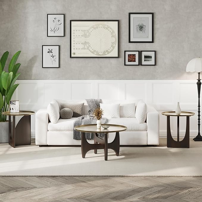 ACEDÉCOR Round Coffee Table, 30" Coffee Tables with Brushed Gold Tray Top and Solid Walnut Wood Base, Center Table for Living Room, Apartments and Small Spaces，Easy-Clean