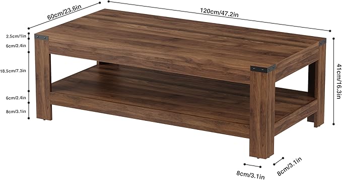 Farmhouse Coffee Table, Modern Rustic Wooden Center Table with Storage, Living Room Tables, 2-Tier Industrial Cocktail Tea Table for Living Room (Walnut, 47.2 in)
