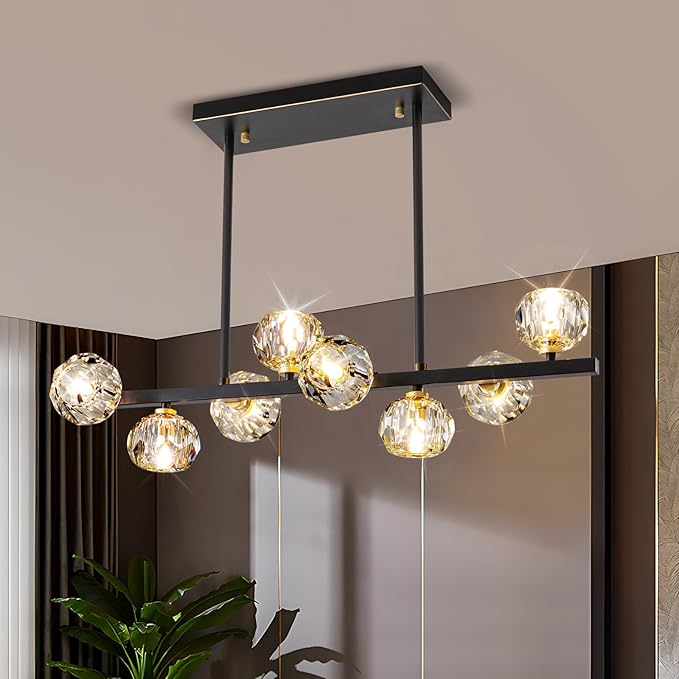 Modern Crystal Chandelier Dining Room Light fixtures Black Chandeliers with Crystal Ball Shade 8-Lights Industrial Globe Hanging Pendant Lighting for Kitchen Island,Living Room,Dining Room