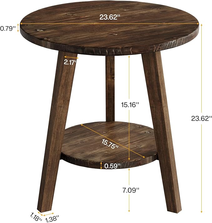 Solid Wood Round End Table, Sofa Side Table with Storage Shelf, Farmhouse Nightstand for Living Room, Bedroom, Easy Assembly (Dark Brown, 1 PC)