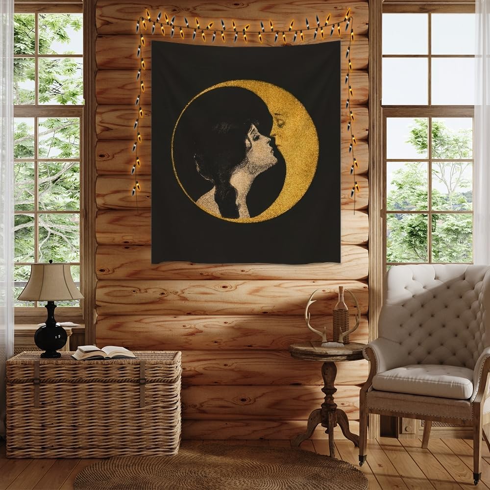 Dark Academia Woman Kissing Moon Art Tapestry Gothic Aesthetic Wall Hanging Witchy Picture Print Moon Goddess Tapestries Wall Decor for Living Room Bedroom Dorm 60x80inch