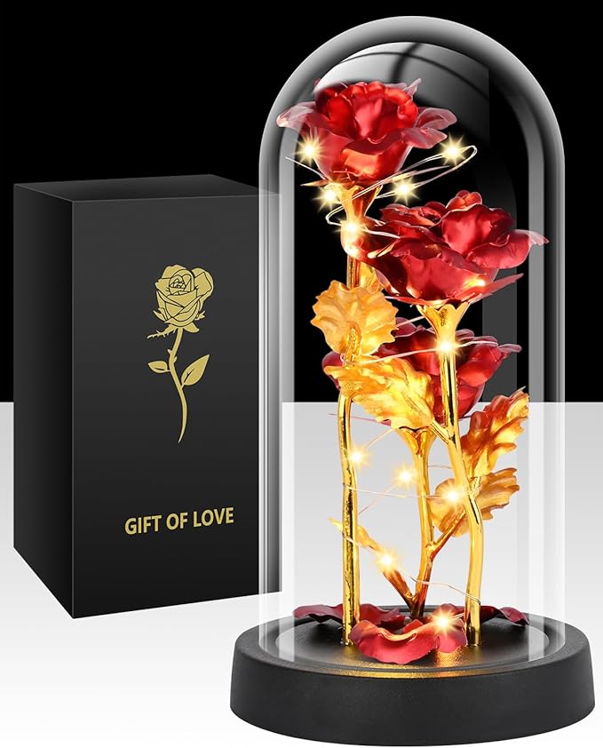 Christmas Rose Gifts for Women, Womens Gift for Christmas Birthday Gifts for Women Mom Wife Girlfriend, Light Up Rose in A Glass Dome, Rose Gifts for Valentines, Mothers Day, Womens Day (Red)