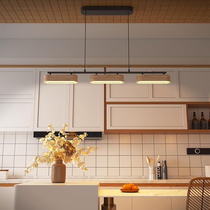 37.6" Linear Kitchen Island Lighting, 28W Wood Farmhouse Chandelier Dining Room Light Fixture, 3-Light Rustic Dimmable Pendant Lights for Kitchen Island Over Table