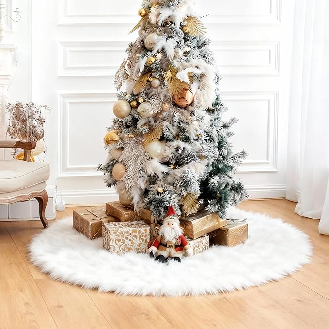 iMucci 60/48/36/30in Thick Wool Fur Tree Skirt Snowy White Plush Velvet Wool-Like Chirstmas Tree Skirt Holiday Party Decoration (60 inch/3.09LB)