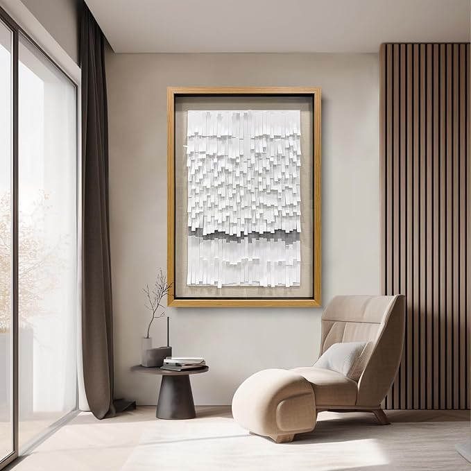 BrightA White 3D Wave Wall Sculpture - Heat-Formed Acrylic Strips Art with Dynamic Shadow Play, Solid Wood Frame Contemporary Artwork for Modern Interiors 27.5"x 39.4"