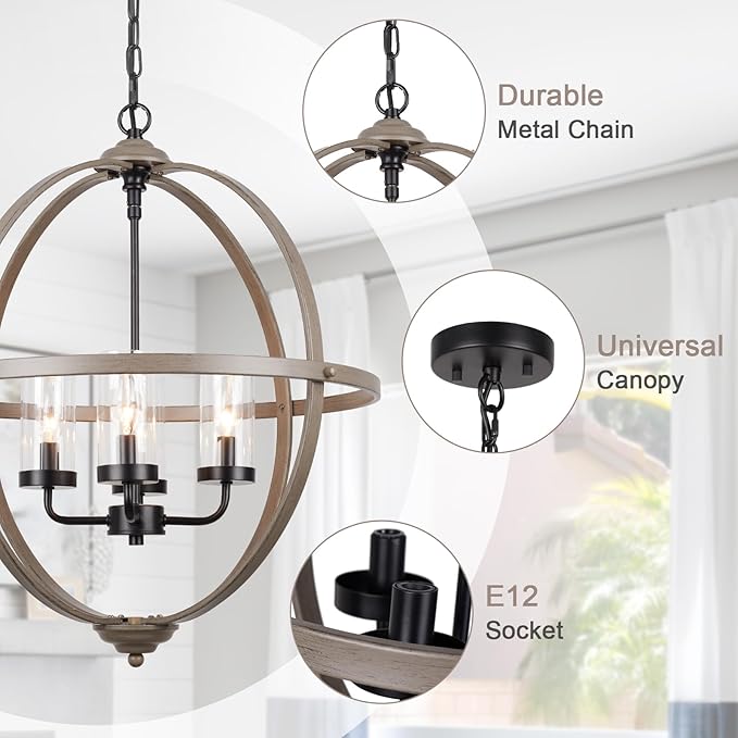 Rustic Chandelier, 20" Wood Finish Hanging Light, 4-Light Globe Vintage Pendant Light Fixture for Living Room, Entryway, Dining Room