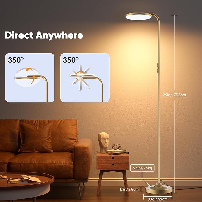 36W LED Floor Lamp, Upgrade Super Bright Standing Lamp, Modern Stepless Dimmable Torchiere Tall Lamp with Remote Control, 350°Rotating Head Reading Floor Lamp for Living Room, Bedroom, Office
