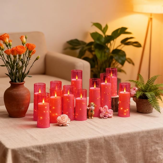 Flameless LED Candles with Timer 9 Pc Flickering Flameless Candles for Romantic Ambiance and Home Decoration Stable Acrylic Shell,with Embedded Star String，Battery Operated Candles(Pink)