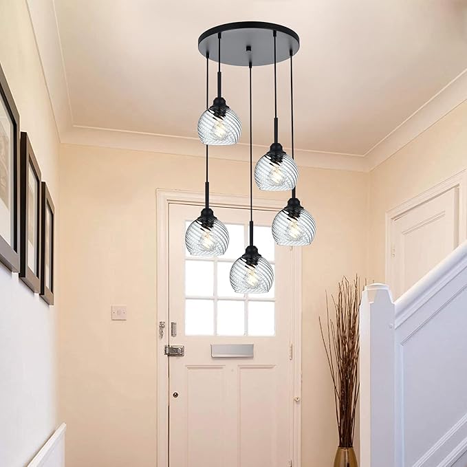 5 Light Cluster Pendant Light with Striped Swirl Globe Glass Black Pendant Lighting for Kitchen Island, Modern Dining Room Light Fixtures Over Table Hanging Ceiling Light, E26 Base