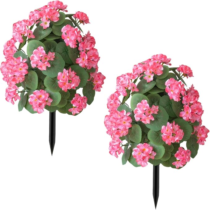 2Pcs 20" Artificial Boxwood Topiary Ball with Flowers Plants with Ground Spikes for Outdoor UV Resistant Realistic Fake Bushes Plants for Garden Yard Front Porch Patio Decor (Begonia Peach red)