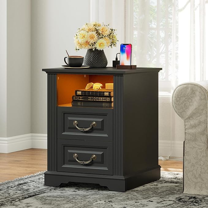 Farmhouse Nightstand with Charging Station, Wooden Night Stand with 2 Drawers, LED Bedside Table, Rustic Sofa Side Table, End Table for Bedroom, Living Room, Black