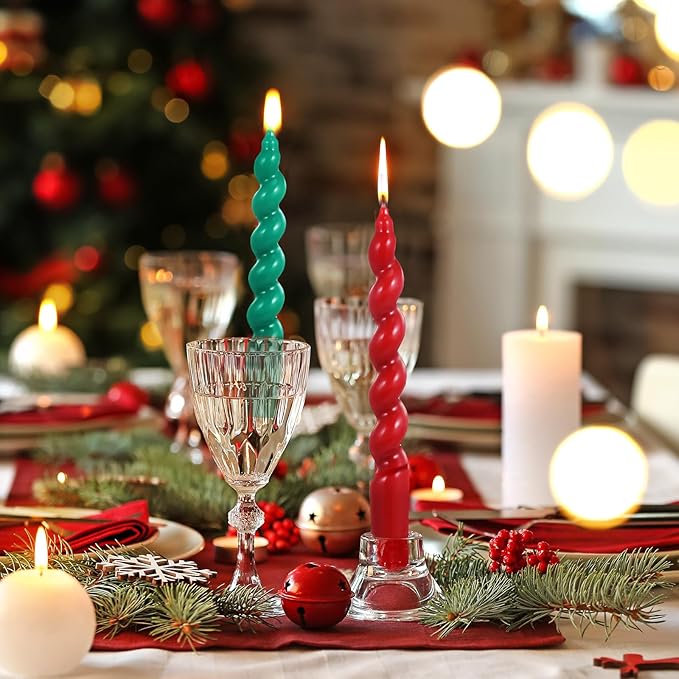 Zhengmy 4 Pcs Red Green Spiral Taper Candle 7 Inch Twisted Long Wax Dinner Candlestick for Fall Halloween Christmas Holiday Valentines Wedding Birthday Baby Shower Table Decor(Solid)