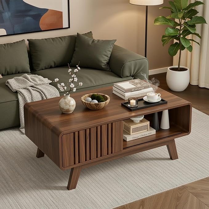 ONBRILL Coffee Table, Mid Century Modern Table with Storage Compartment, Fluted Table with Sliding Cabinet Door, Farmhouse Wood Coffee Table for Living Room (Walnut)