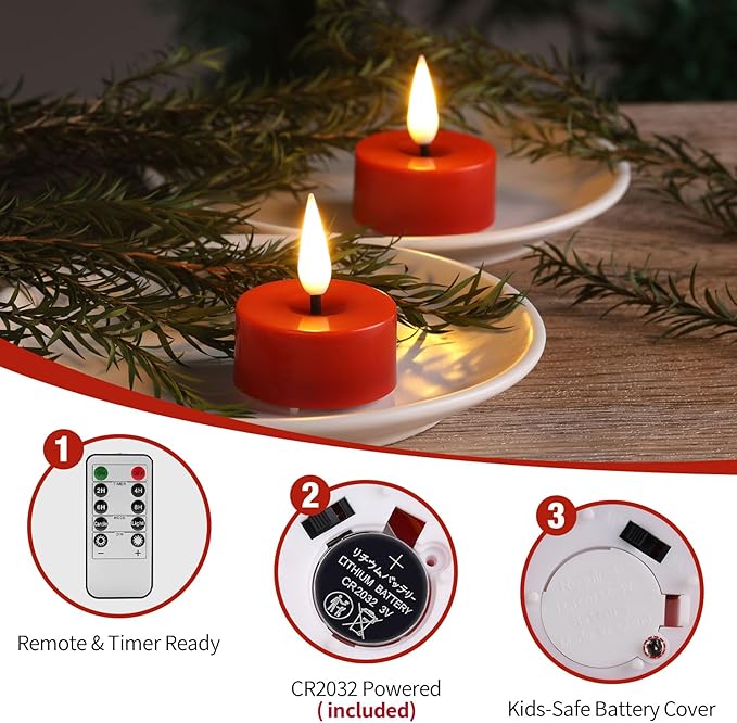 Eywamage Red Christmas LED Tealights with Remote Batteries, Flickering Flameless Tea Lights Votive Candles Set of 12