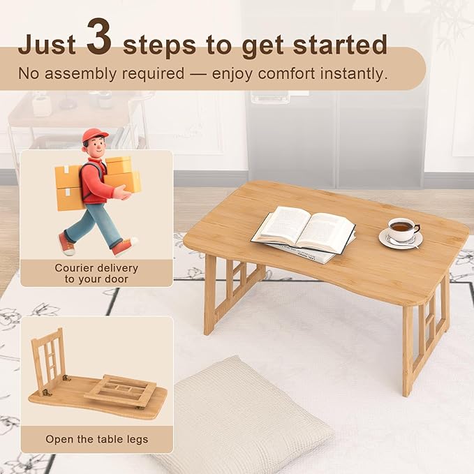 Folding Coffee Table for Living Room, 31.5 in Foldable Floor Table, Bamboo Low Coffee Tables for Small Spaces, No Assembly, Lightweight Simple Storage for Apartment, Sunroom (Wood)