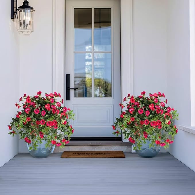 Artificial Flowers Artificial Petunias for Outdoors Artificial Hanging Plants Outdoor Silk Flowers with Stems Outdoor Flowers Uv Resistant for Porch Decor Terrace Decor，Rose Red with Pot 2PCS