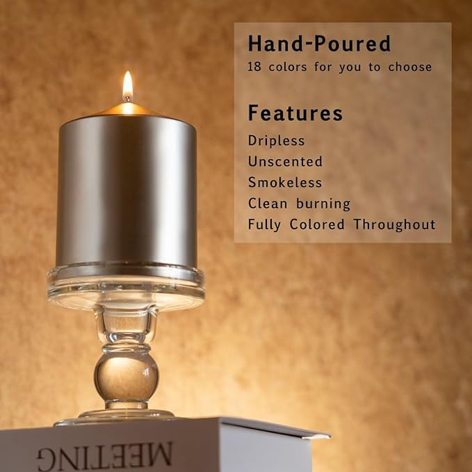 MOZEAL 3" x 4" Hand-Poured Unscented Silver Pillar Candles,Dripless Candles Set of 3,Smokeless,Clean Burning,Approx 60 Hours Burn Time,Wedding,Dinner,Christmas and Home Decor（3 Inch Width Series）