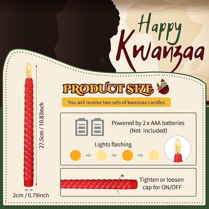 Riakrum 7 Pieces Kwanzaa Candles Set Kwanzaa Flameless Taper Candles Battery Operated for Church Celebration Decoration(10.04 Inches,Spiral)