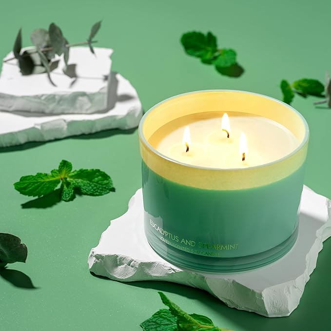 Christmas Eucalyptus Spearmint 3 Wick Candle Set with Candle Wick Trimmer, Pure Soy, Strong Smelling Candles for Home Scented Bath & Bedroom, Large Candle Gift Set for Women, Mom, Sister, Coworkers