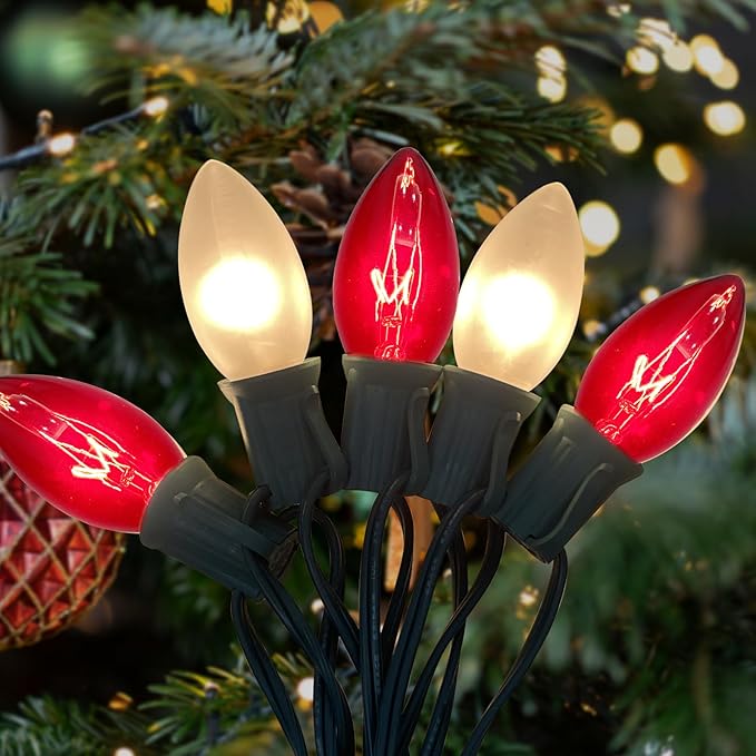 25Ft C9 Christmas Lights Outdoor, Vintage Multicolor String Lights with 26 C9 Clear Red/Frosted White Bulbs for Christmas Tree, Roofline, Garden, Patio, Cafe, Xmas Decorations