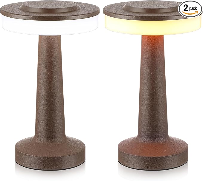 Riakrum 2 Pcs LED Portable Cordless Table Lamp with Touch Sensor 3 Color Stepless Dimming Rechargeable Battery up to 15 Hours Cordless Table Light Wireless Lamp for Nursery (Brown)