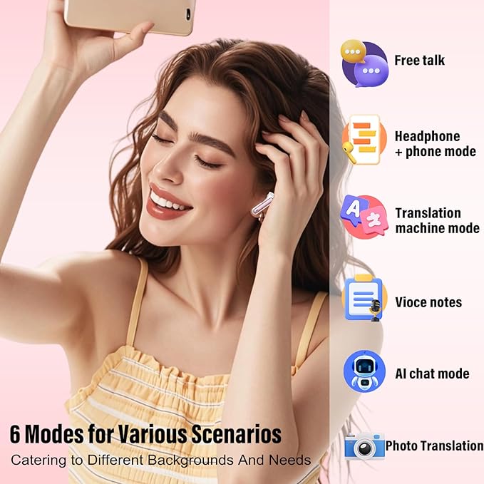 Ai Translation Earbuds Real Time, Simultaneous Interpretation Translator Earbuds with 6 Translation Modes/164 Languages, No Subscription Translatior Headphones, Rose Pink