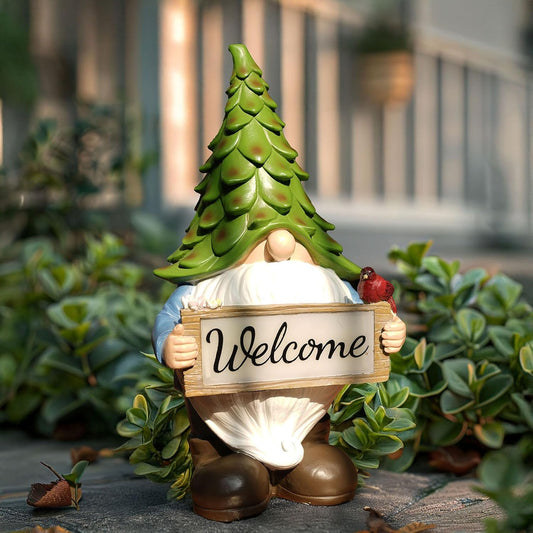 Large Garden Gnome Statue with Solar Lights, 13.5” Welcome Sign Gnome Outdoor Decor for Yard Lawn Patio, Funny Resin Gnome Sculptures, Gifts for Women Mom Grandma,Garden Decor Ornament