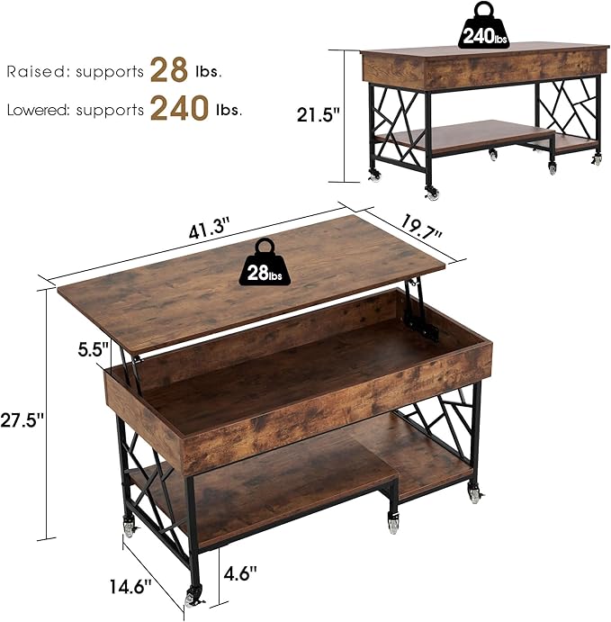 ivinta Lift Top Coffee Table with Storage, Lift Up Wooden Center Table with Lockable Wheels and Hidden Compartment for Living Room Home Office 1150 (Rustic Brown)