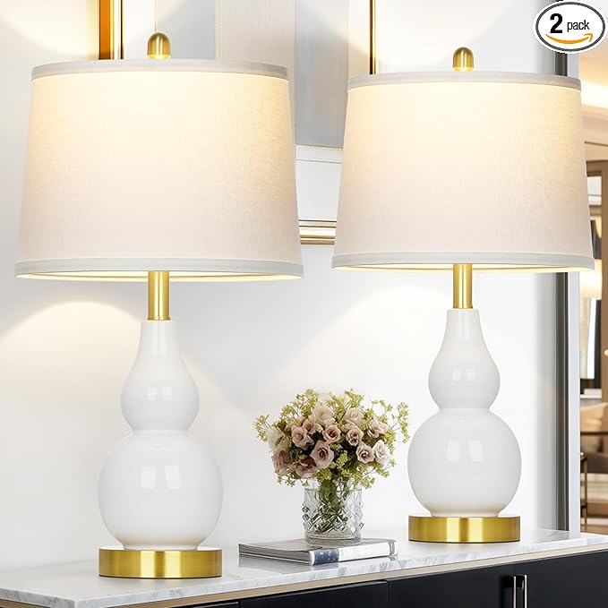 25" Ceramic Table Lamps Set of 2, Modern Double Gourd Ceramic Table Lamp for Living Room, White Rustic Farmhouse Bedside Nightstand Lamp with Fabric Shades for Bedroom Desk End Table Home Office Decor