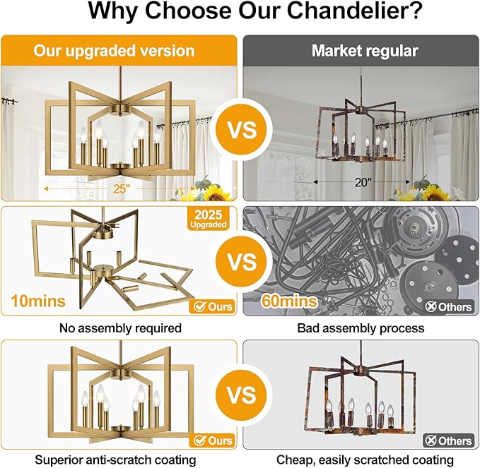 25" Modern Brass Chandelier for Dining Room, No Assembly Required Brass Dining Room Light Fixture Over Table, Industrial Metal Hanging Pendant Lights Fixture for Kitchen Island, Entryway, Foyer
