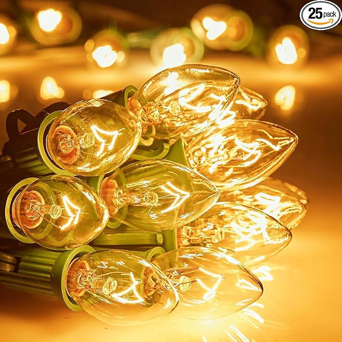 Minetom C7 Christmas String Light Set - 25FT C7 Vintage Christmas Tree Lights for Xmas Holiday Season Indoor Outdoor Roofline Fence Garden Patio Backyard Garage Cafe Decoration (25 FT, Clear)