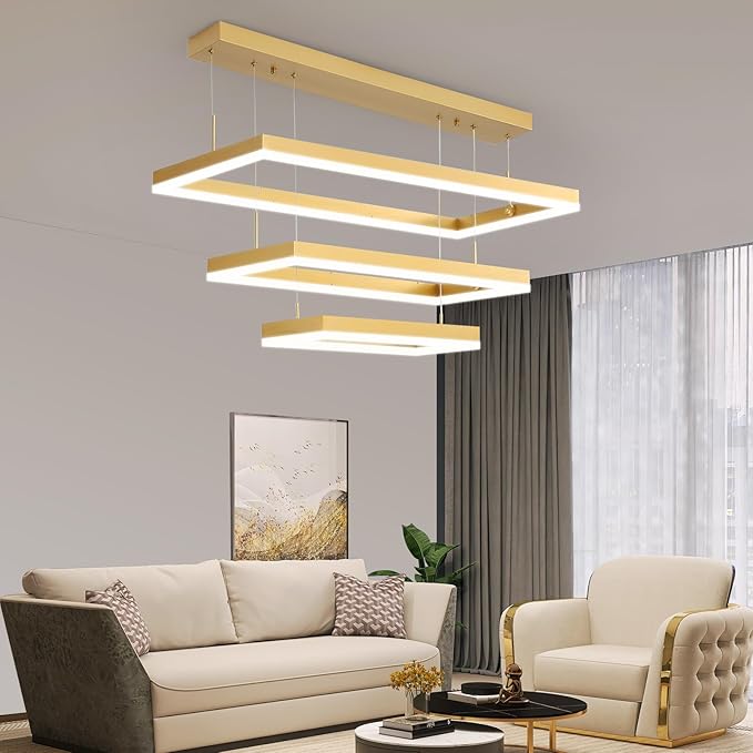 Modern Chandeliers for Living Dining Room, 3-Ring Rectangular LED Chandelier Light Fixture with Remote Control Dimming, Hanging Pendant Light with Adjustable Height, Gold