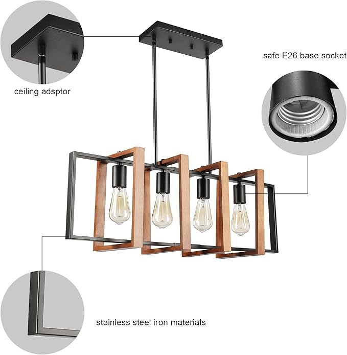 4-Light Island Lights for Kitchen, Rectangular Wood and Black Metal Kitchen Island Chandelier 31.5" Adjustable Rustic Modern Dining Room Light Fixtures Over Table, Chandeliers for Dining Room