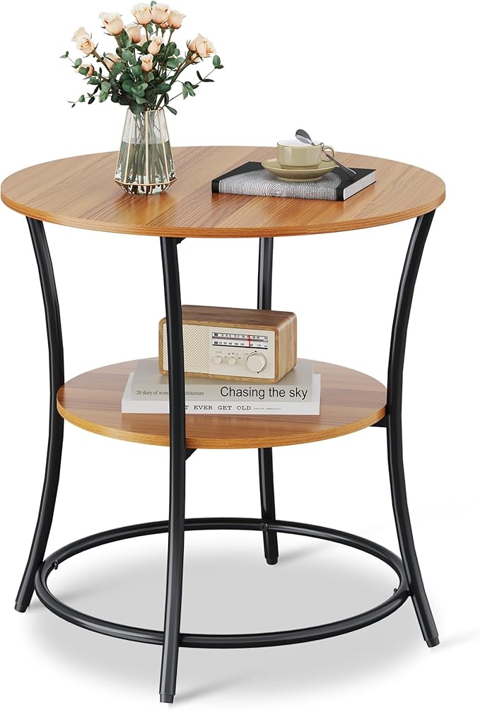 WLIVE Side Table, Round End Table with 2 Storage Shelves for Living Room, Bedroom, Nightstand with Steel Frame for Small Spaces, Accent Coffee Table, Rustic Walnut