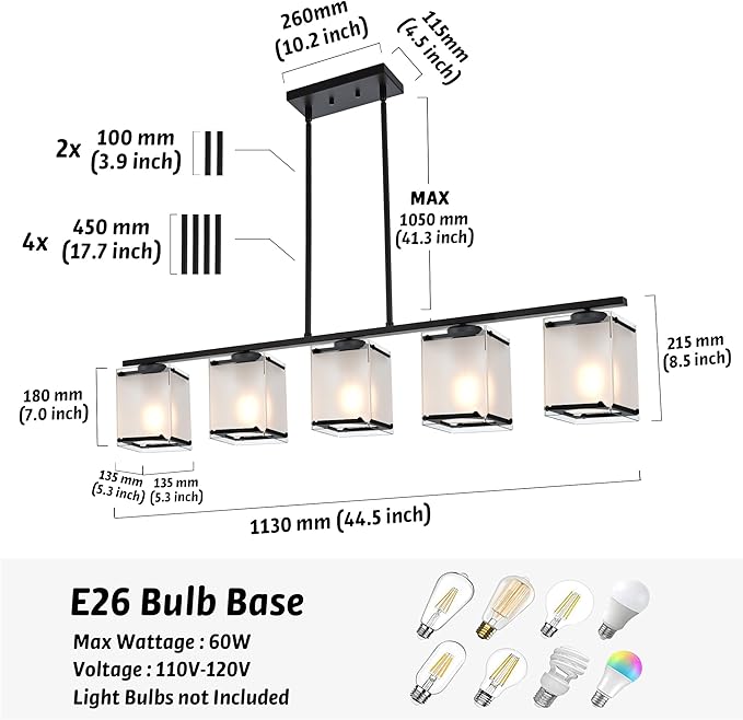5-Light Blcak Chandeliers for Dining Room, Modern Kitchen Island Lighting with Frosted Glass Shade Linear Pendant Lighting for Dining Table Kitchen Island, Adjustable Height
