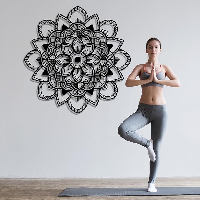 Mandala Wall Decor, Lotus Flower Wall Decor, Large Metal Mandala Wall Art, Lotus Metal, Yoga Wall Art, Spiritual Wall Decor, Meditation Wall Decor, Metal Wall Art for Living Room (Black, 35"x35" | 90x90cm, metal wall art)