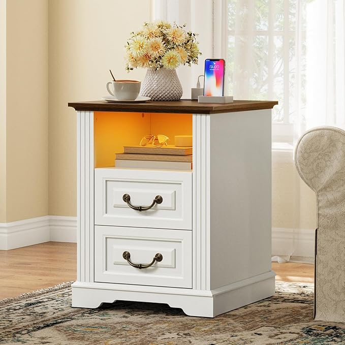 Farmhouse Nightstand Set of 2, Wooden Night Stand with Charging Station, LED Bedside Table with Drawers, Rustic Sofa Side Table, End Table for Bedroom, Living Room, White and Walnut