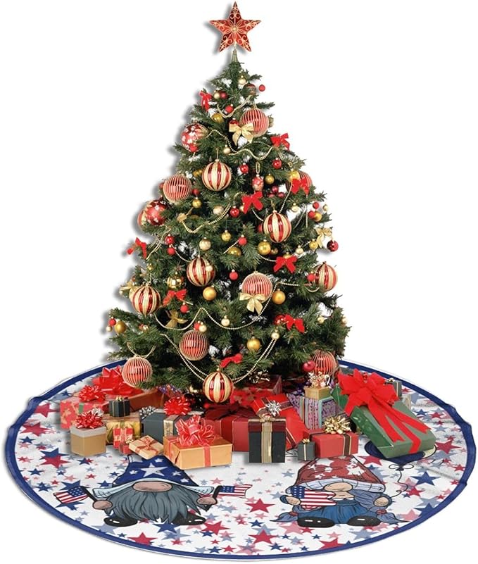 July 4th American Flag Patriotic Tree Skirt 48" Gnome Tree Mat for Christmas Xmasn Festive Party Yard Decorations Indoor Outdoor Ornaments